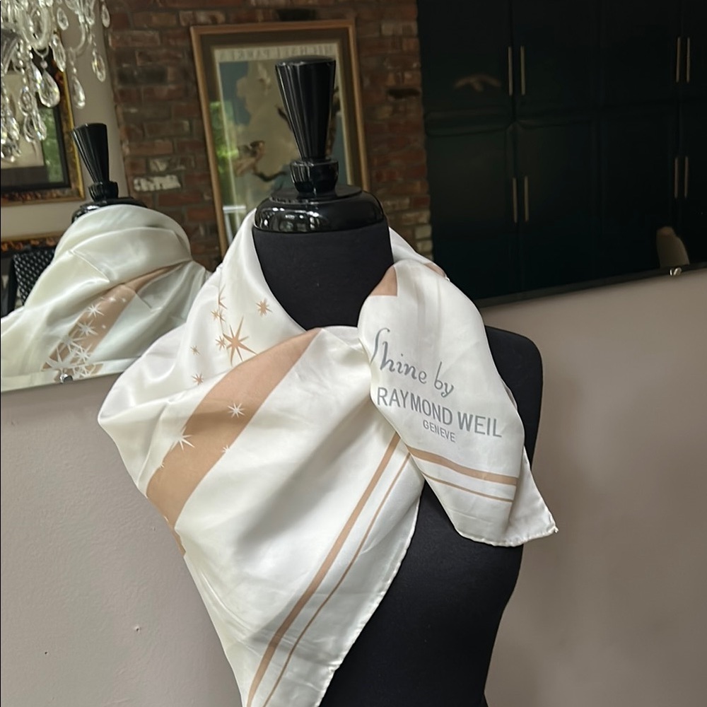 Raymond Weil White and Brown Scarf 100%Silk (EUC)